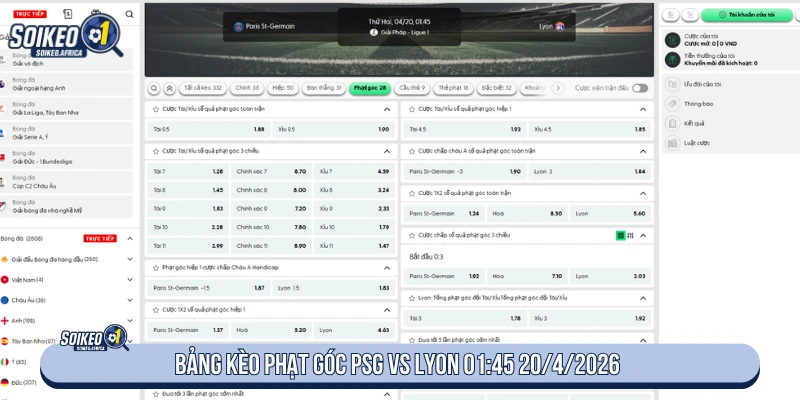Soi Kèo Phạt Góc PSG vs Lyon 01:45 20/4/2026 Bảng tỷ lệ phạt góc PSG vs Lyon 01:45 ngày 20/4/2026
